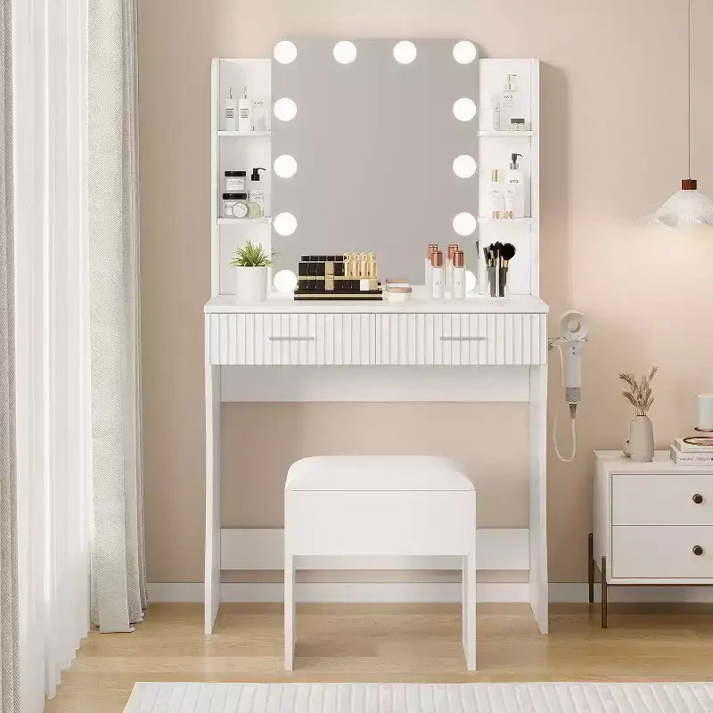 Makeup Vanity Desk with Mirror and 12 LED Lights, White Vanity Table with Power Outlet, Modern Dressing Table Furniture for Bedroom