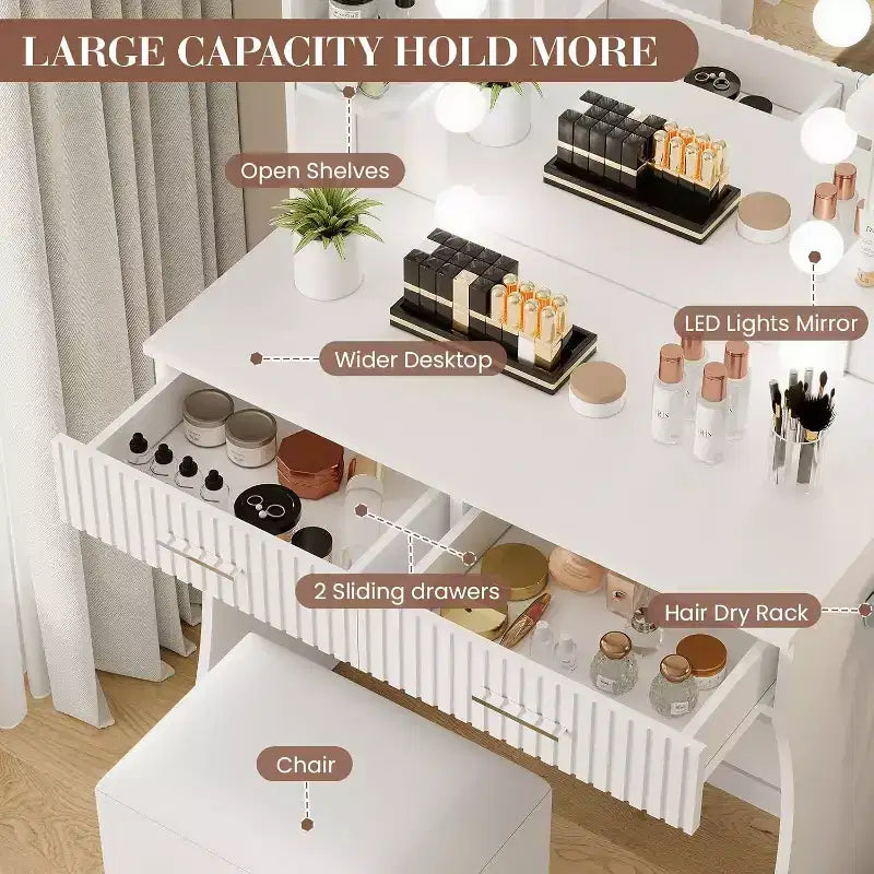 Makeup Vanity Desk with Mirror and 12 LED Lights, White Vanity Table with Power Outlet, Modern Dressing Table Furniture for Bedroom