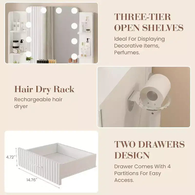 Makeup Vanity Desk with Mirror and 12 LED Lights, White Vanity Table with Power Outlet, Modern Dressing Table Furniture for Bedroom