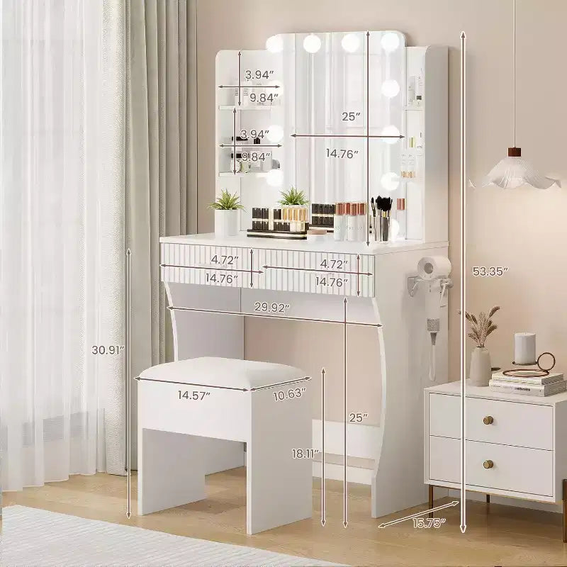 Makeup Vanity Desk with Mirror and 12 LED Lights, White Vanity Table with Power Outlet, Modern Dressing Table Furniture for Bedroom