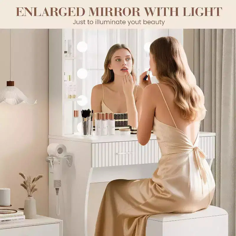 Makeup Vanity Desk with Mirror and 12 LED Lights, White Vanity Table with Power Outlet, Modern Dressing Table Furniture for Bedroom