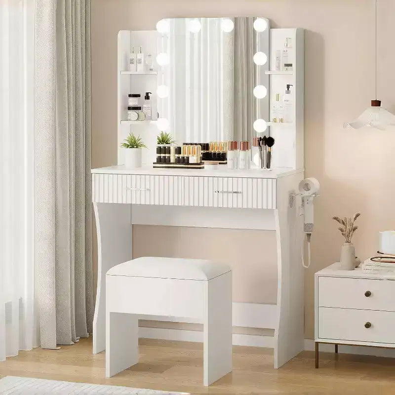 Makeup Vanity Desk with Mirror and 12 LED Lights, White Vanity Table with Power Outlet, Modern Dressing Table Furniture for Bedroom
