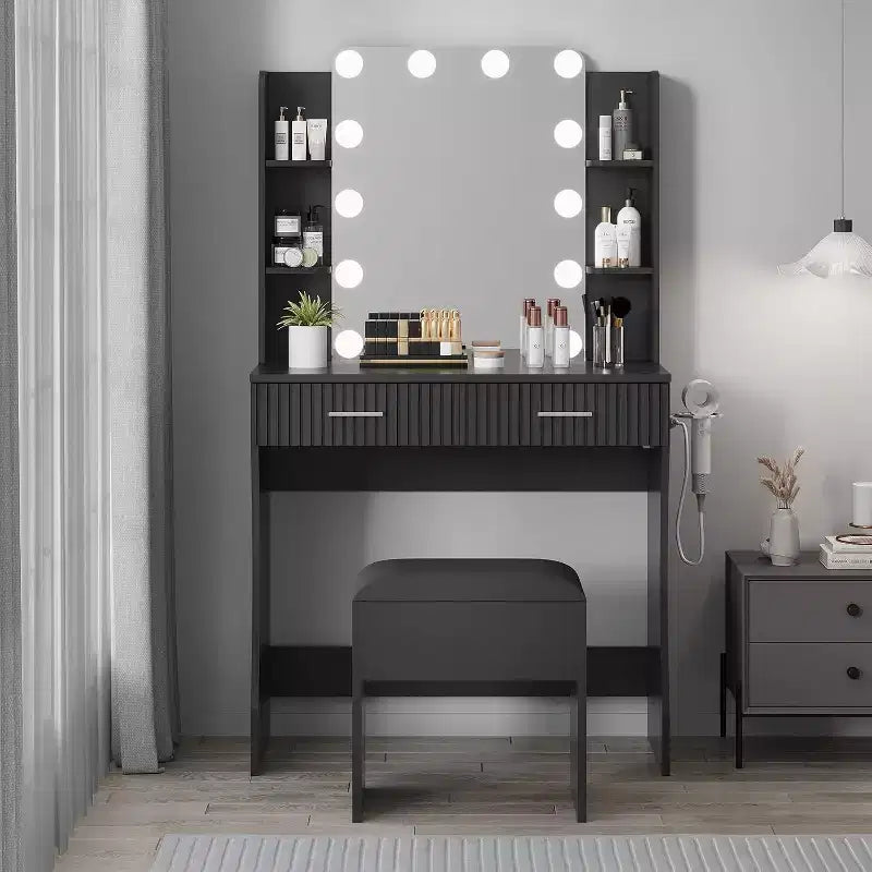 Makeup Vanity Desk with Mirror and 12 LED Lights, White Vanity Table with Power Outlet, Modern Dressing Table Furniture for Bedroom