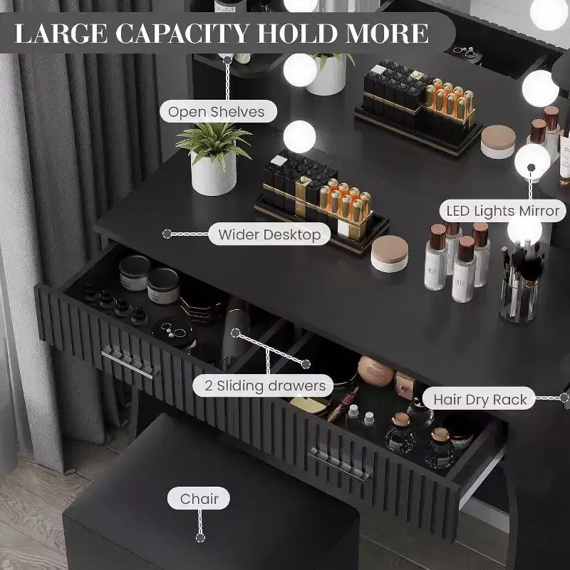 Makeup Vanity Desk with Mirror and 12 LED Lights, White Vanity Table with Power Outlet, Modern Dressing Table Furniture for Bedroom