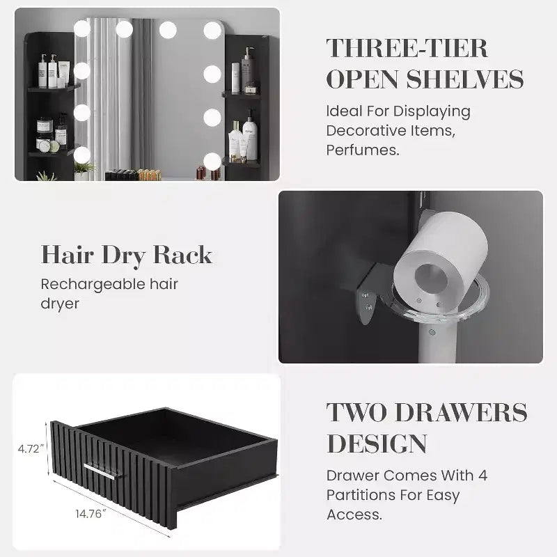 Makeup Vanity Desk with Mirror and 12 LED Lights, White Vanity Table with Power Outlet, Modern Dressing Table Furniture for Bedroom