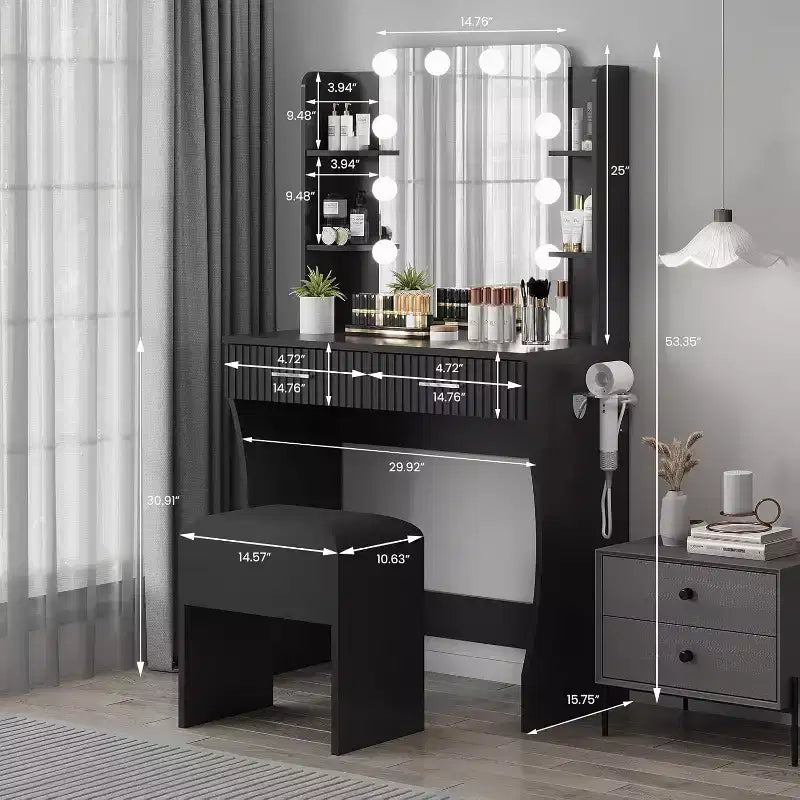 Makeup Vanity Desk with Mirror and 12 LED Lights, White Vanity Table with Power Outlet, Modern Dressing Table Furniture for Bedroom
