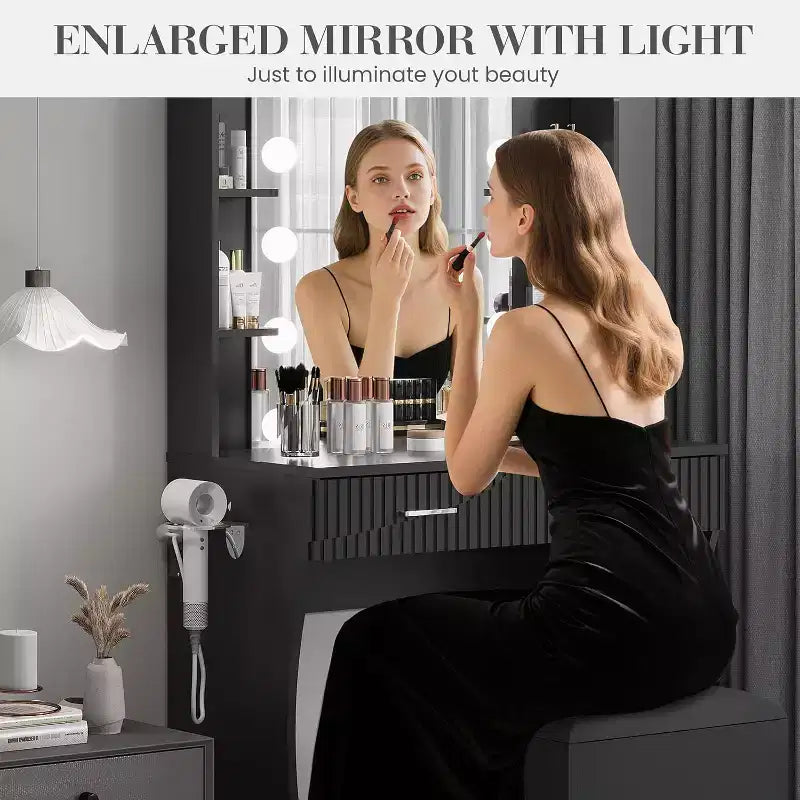 Makeup Vanity Desk with Mirror and 12 LED Lights, White Vanity Table with Power Outlet, Modern Dressing Table Furniture for Bedroom
