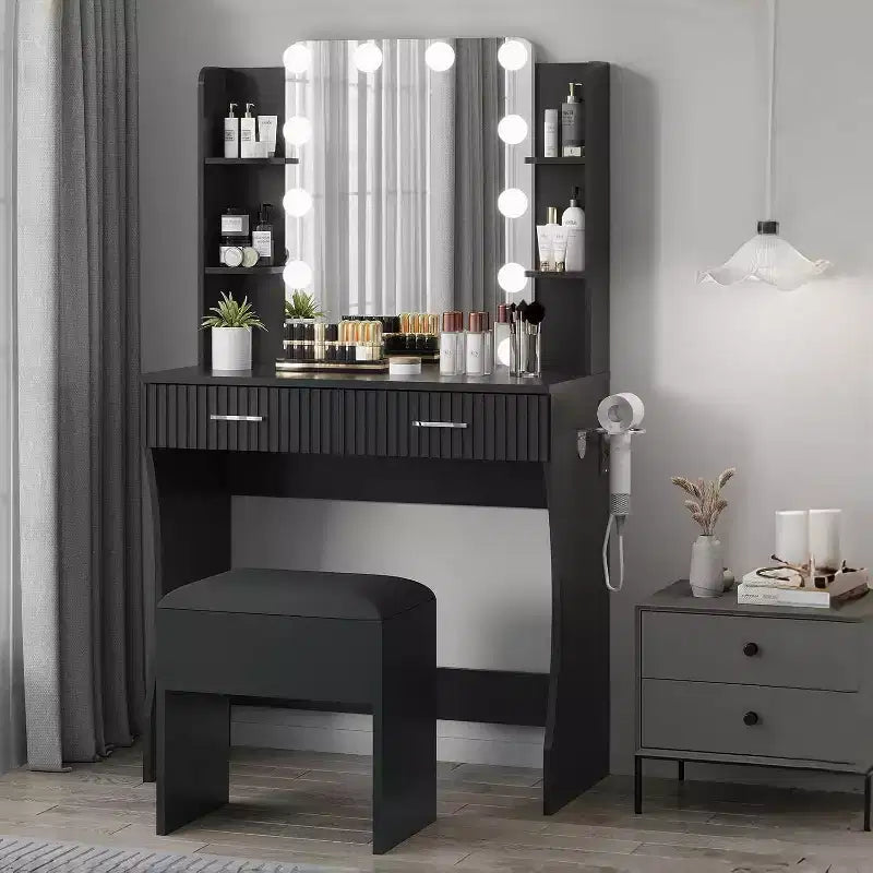 Makeup Vanity Desk with Mirror and 12 LED Lights, White Vanity Table with Power Outlet, Modern Dressing Table Furniture for Bedroom