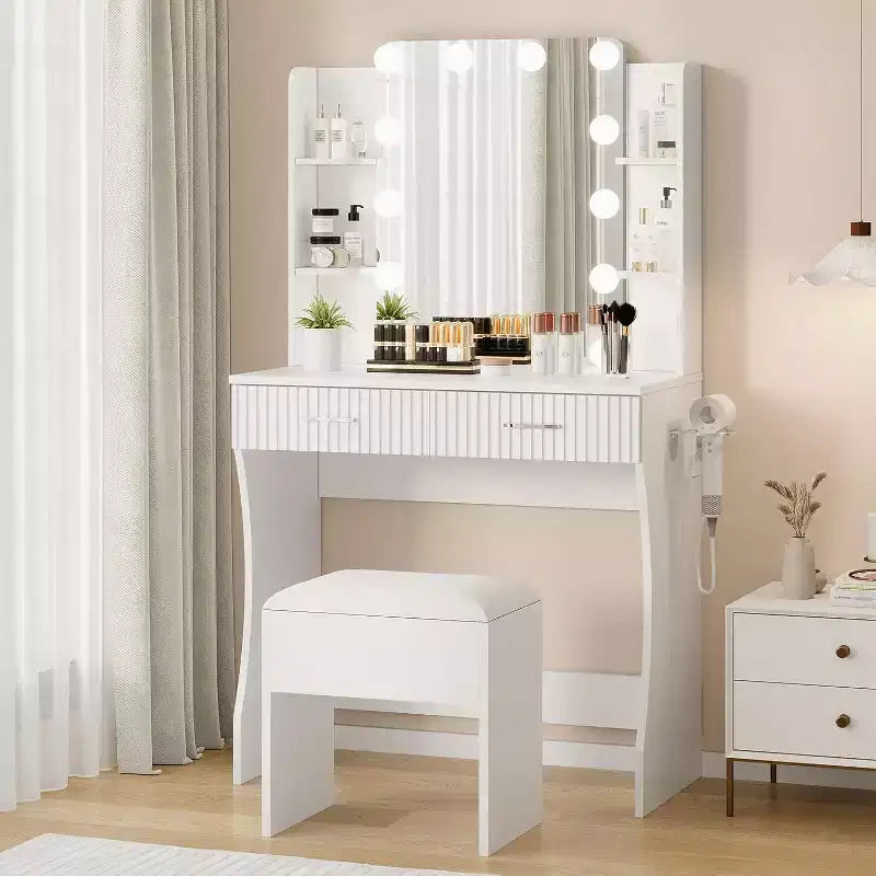 Makeup Vanity Desk with Mirror and 12 LED Lights, White Vanity Table with Power Outlet, Modern Dressing Table Furniture for Bedroom