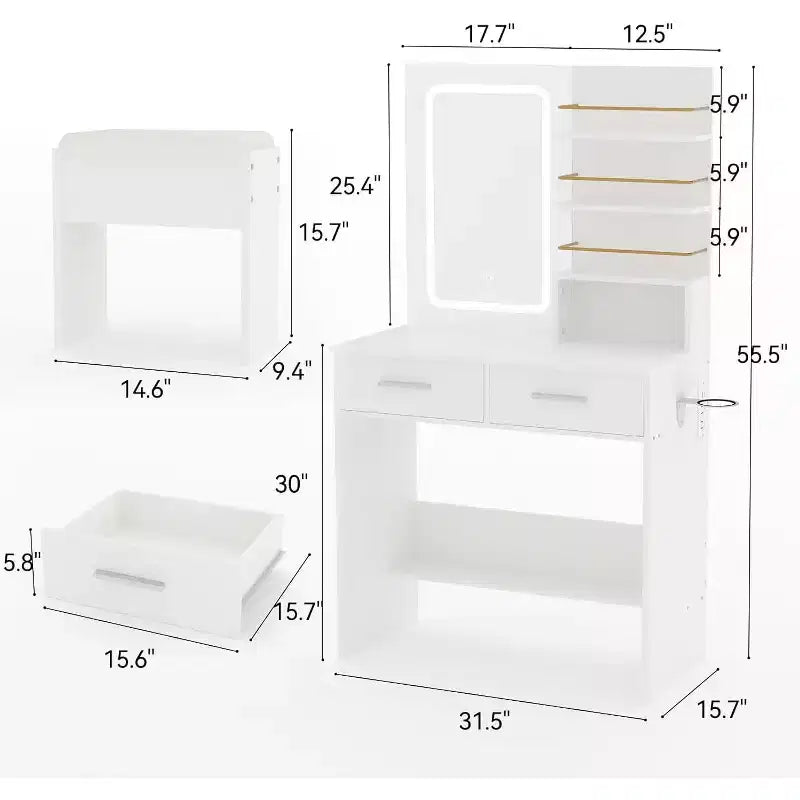 Vanity Desk with Mirror and Lights, Makeup Vanity Table with Drawers and Shelves, Cabinet and Cushioned Stool, for Bedroom