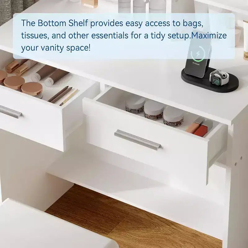 Vanity Desk with Mirror and Lights, Makeup Vanity Table with Drawers and Shelves, Cabinet and Cushioned Stool, for Bedroom