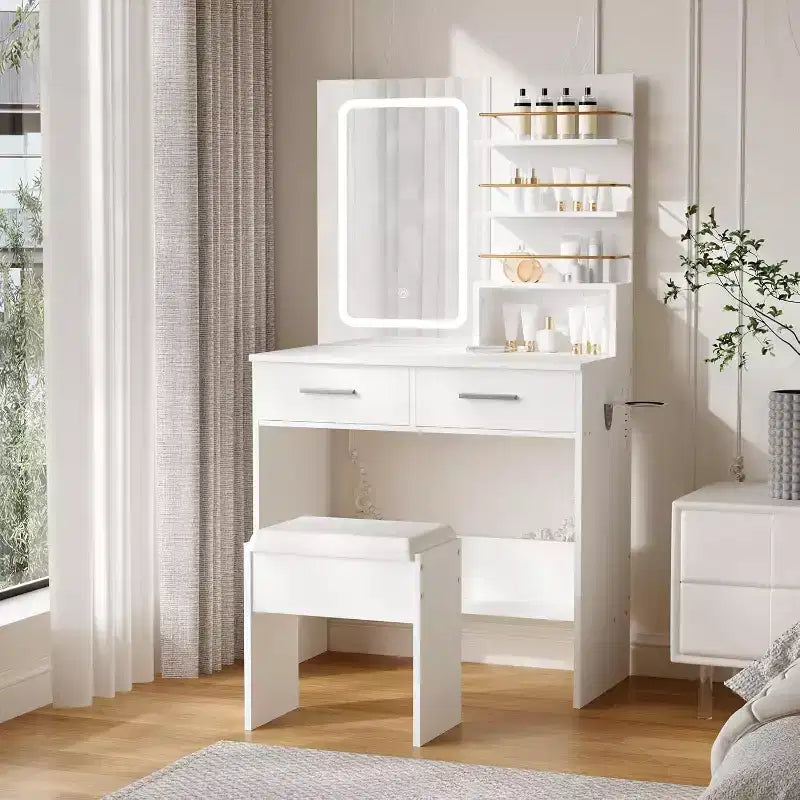Vanity Desk with Mirror and Lights, Makeup Vanity Table with Drawers and Shelves, Cabinet and Cushioned Stool, for Bedroom