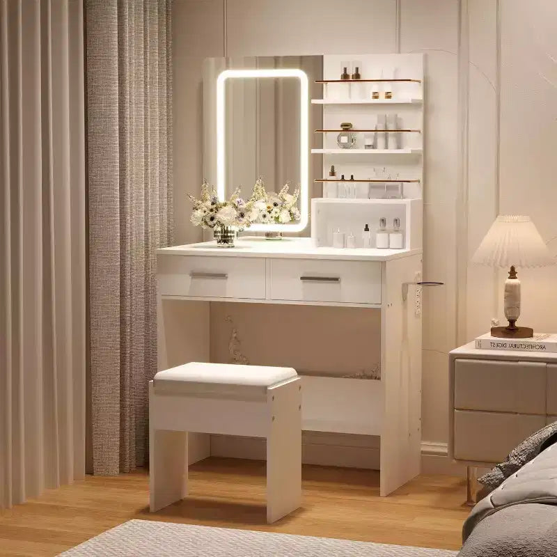 Vanity Desk with Mirror and Lights, Makeup Vanity Table with Drawers and Shelves, Cabinet and Cushioned Stool, for Bedroom