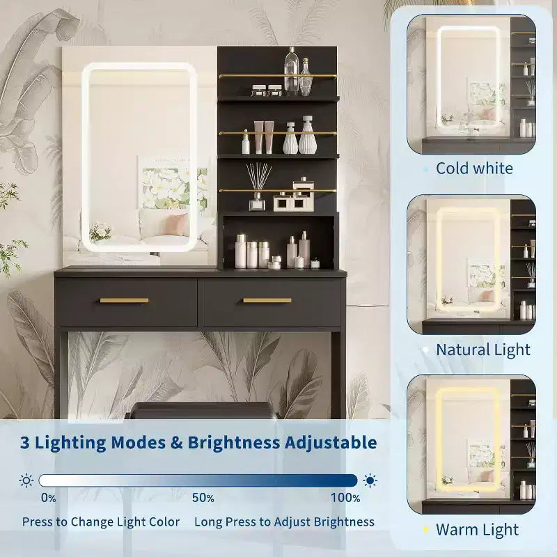 Vanity Desk with Mirror and Lights, Makeup Vanity Table with Drawers and Shelves, Cabinet and Cushioned Stool, for Bedroom
