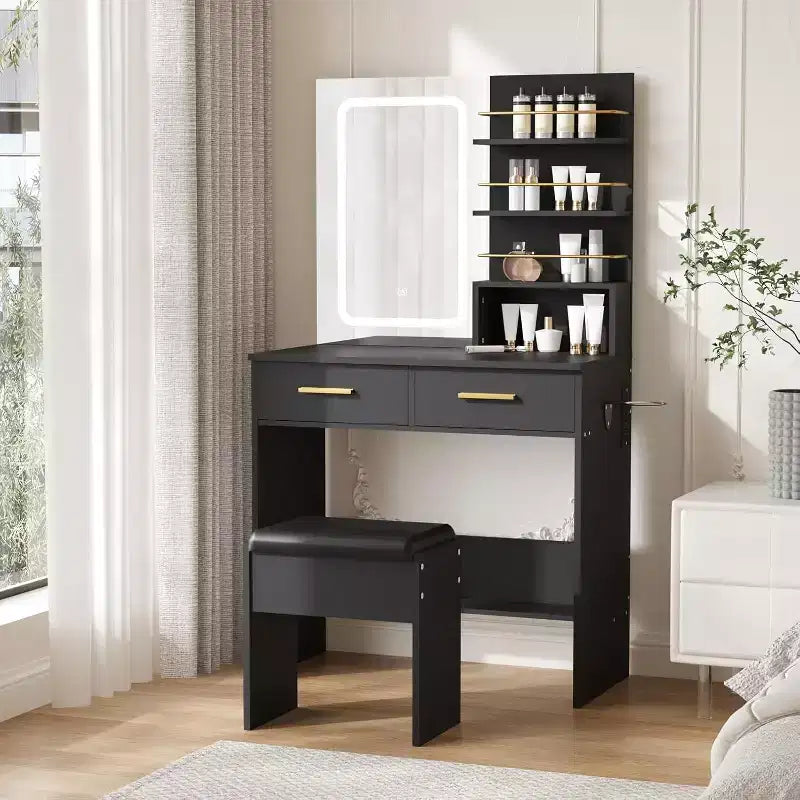 Vanity Desk with Mirror and Lights, Makeup Vanity Table with Drawers and Shelves, Cabinet and Cushioned Stool, for Bedroom