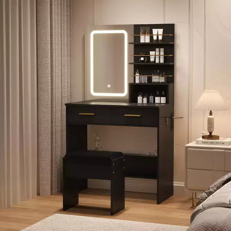 Vanity Desk with Mirror and Lights, Makeup Vanity Table with Drawers and Shelves, Cabinet and Cushioned Stool, for Bedroom