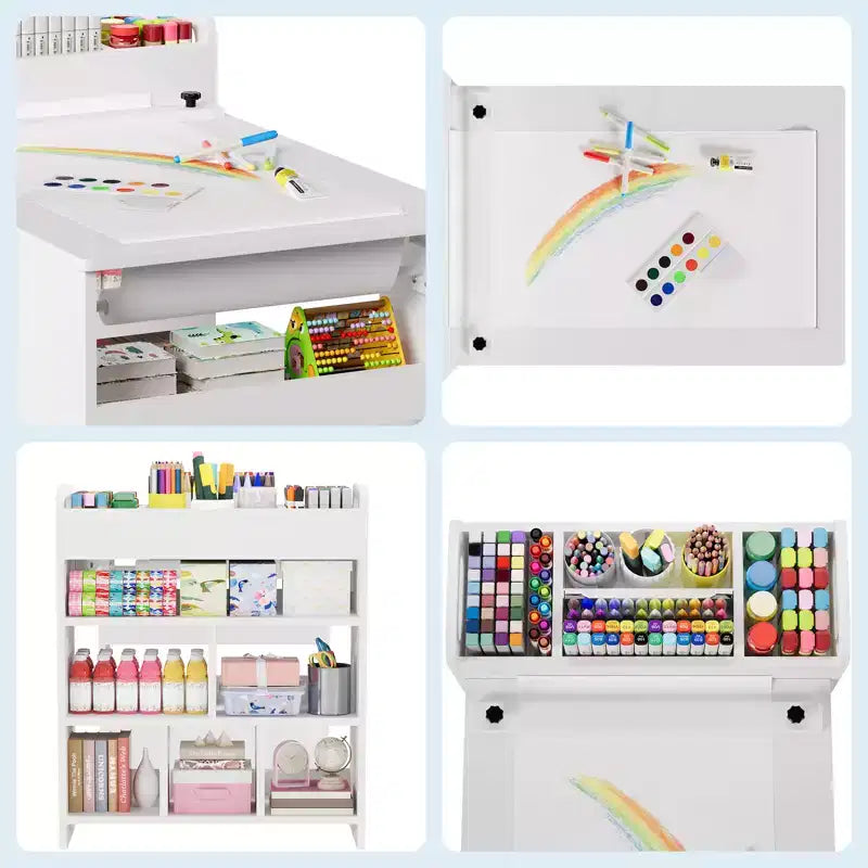 Kids Art Table with Chairs, Children's Wooden Furniture, Craft Table with Large Storage Shelves, Wooden Drawing Desk, for Classroom, Daycares, Home