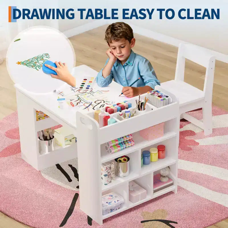 Kids Art Table with Chairs, Children's Wooden Furniture, Craft Table with Large Storage Shelves, Wooden Drawing Desk, for Classroom, Daycares, Home