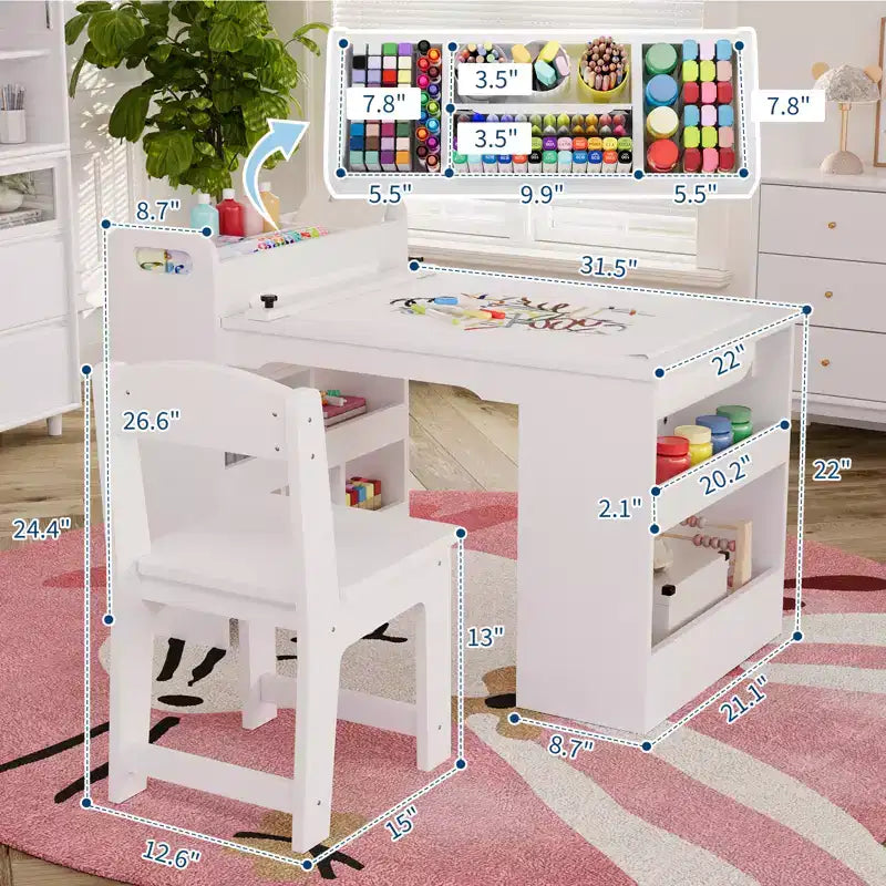 Kids Art Table with Chairs, Children's Wooden Furniture, Craft Table with Large Storage Shelves, Wooden Drawing Desk, for Classroom, Daycares, Home