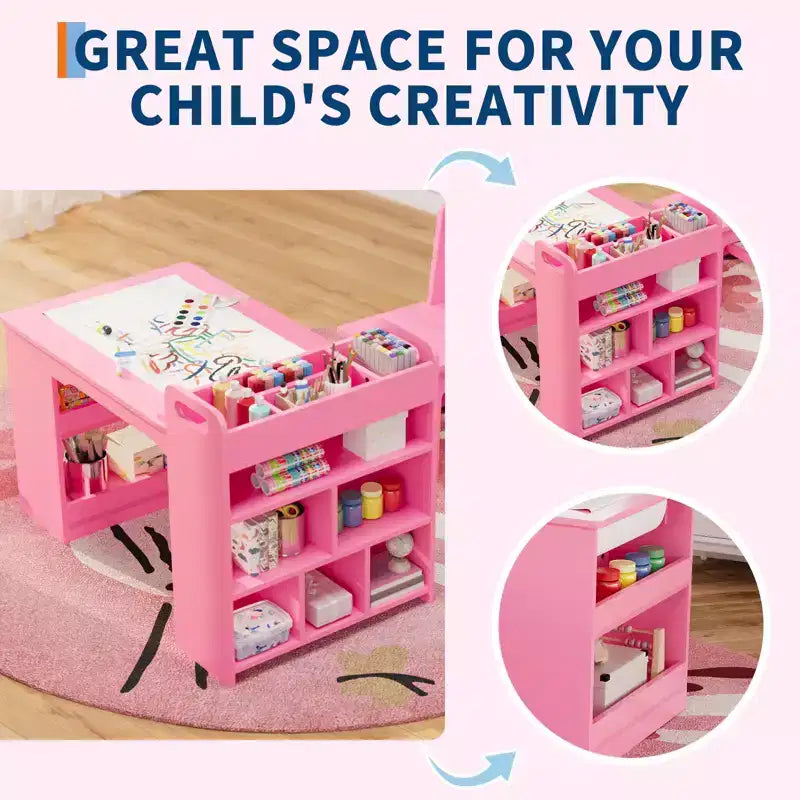 Kids Art Table with Chairs, Children's Wooden Furniture, Craft Table with Large Storage Shelves, Wooden Drawing Desk, for Classroom, Daycares, Home