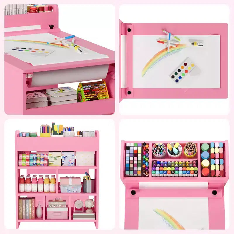 Kids Art Table with Chairs, Children's Wooden Furniture, Craft Table with Large Storage Shelves, Wooden Drawing Desk, for Classroom, Daycares, Home