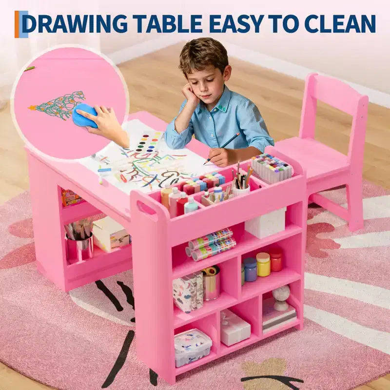 Kids Art Table with Chairs, Children's Wooden Furniture, Craft Table with Large Storage Shelves, Wooden Drawing Desk, for Classroom, Daycares, Home