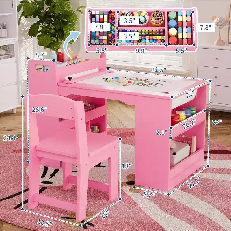 Kids Art Table with Chairs, Children's Wooden Furniture, Craft Table with Large Storage Shelves, Wooden Drawing Desk, for Classroom, Daycares, Home