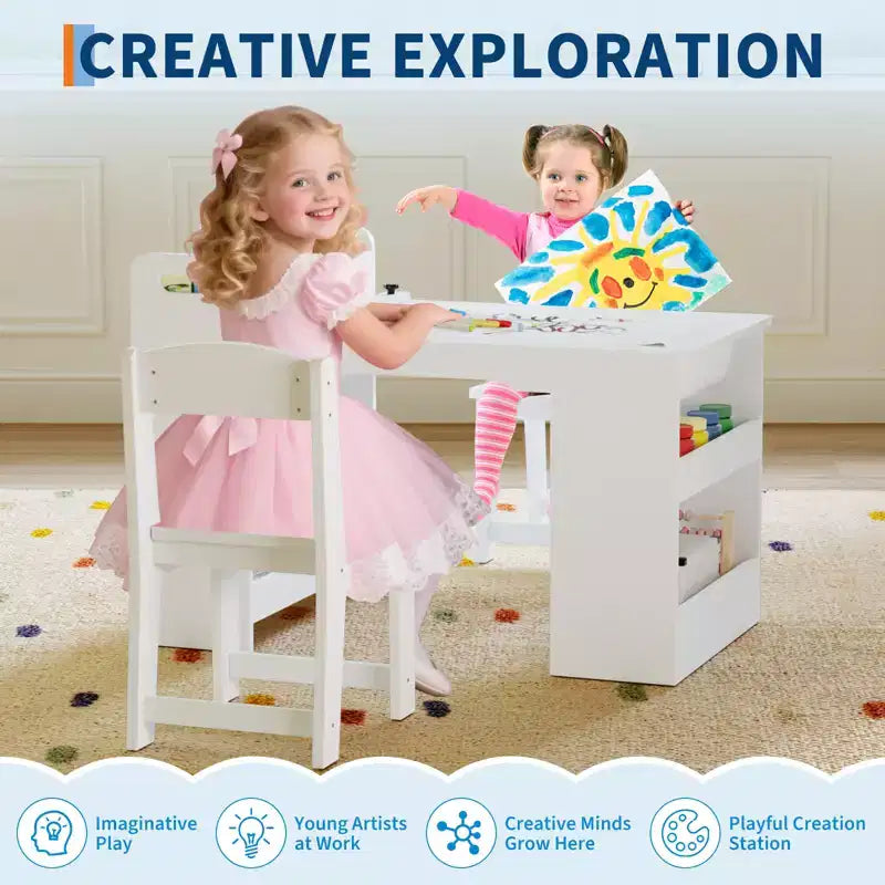 Kids Art Table with Chairs, Children's Wooden Furniture, Craft Table with Large Storage Shelves, Wooden Drawing Desk, for Classroom, Daycares, Home