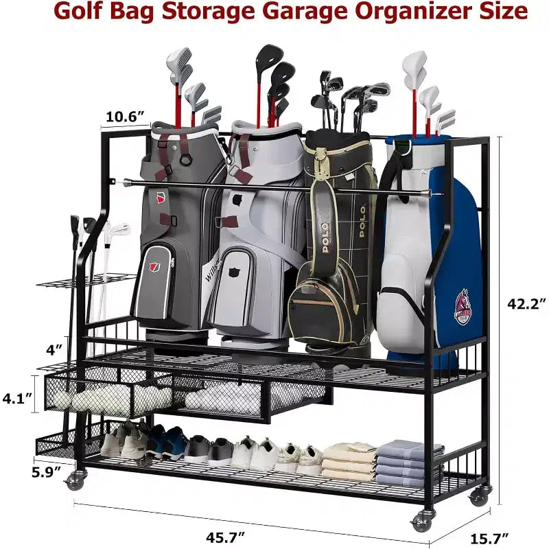 Organisateur de rangement de sacs de golf COZONY, peut contenir 4 sacs de golf, clubs et accessoires, avec 4 roues, tiroirs pour chaussures et équipement Idéal pour le garage