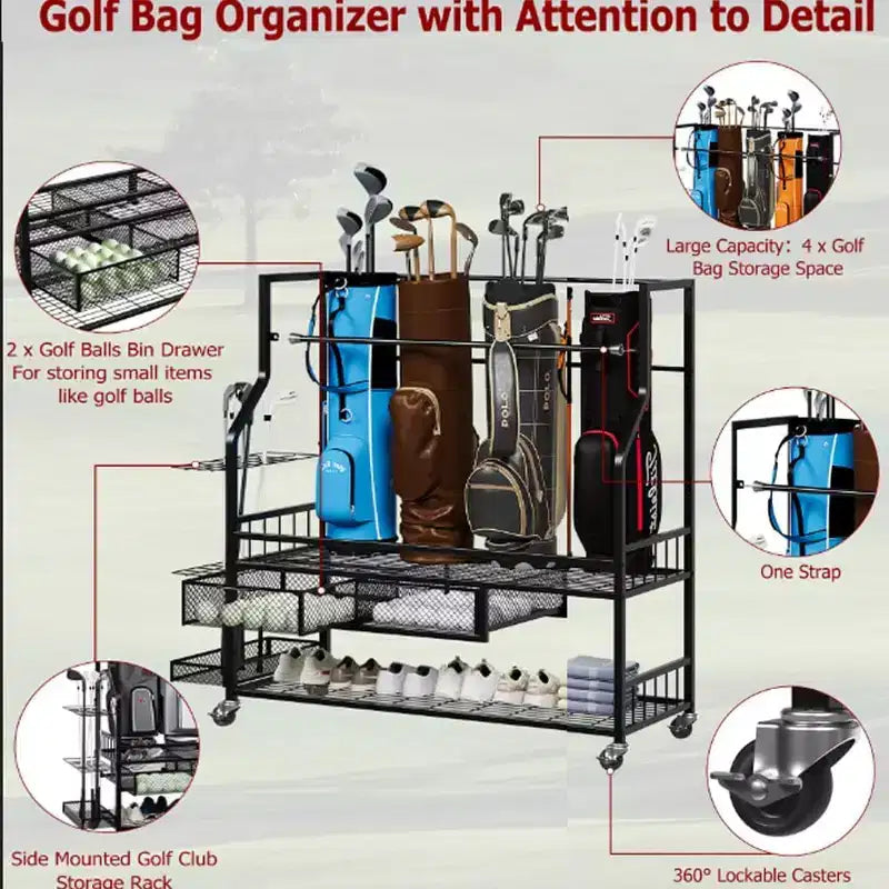 Organisateur de rangement de sacs de golf COZONY, peut contenir 4 sacs de golf, clubs et accessoires, avec 4 roues, tiroirs pour chaussures et équipement Idéal pour le garage