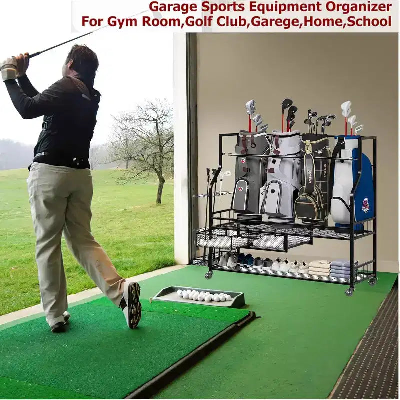 Organisateur de rangement de sacs de golf COZONY, peut contenir 4 sacs de golf, clubs et accessoires, avec 4 roues, tiroirs pour chaussures et équipement Idéal pour le garage
