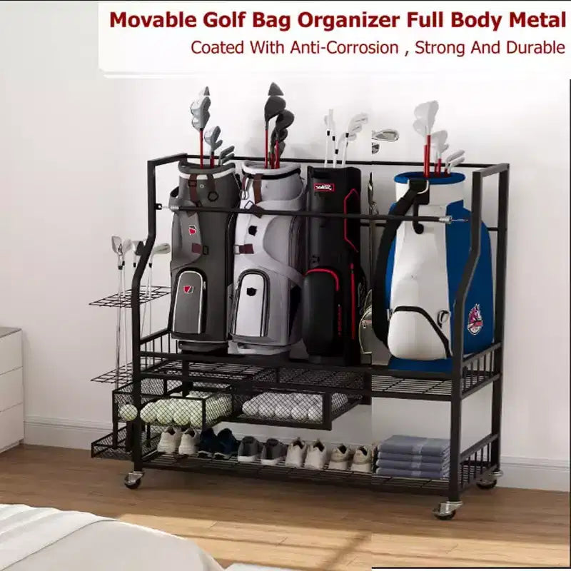 Organisateur de rangement de sacs de golf COZONY, peut contenir 4 sacs de golf, clubs et accessoires, avec 4 roues, tiroirs pour chaussures et équipement Idéal pour le garage
