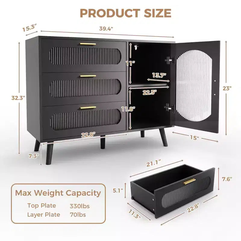 GustoWave Buffet Cabinet with Storage, Sideboard Cabinet with Fluted Glass Door and Drawers, Black Sideboard for Kitchen, Dining Room