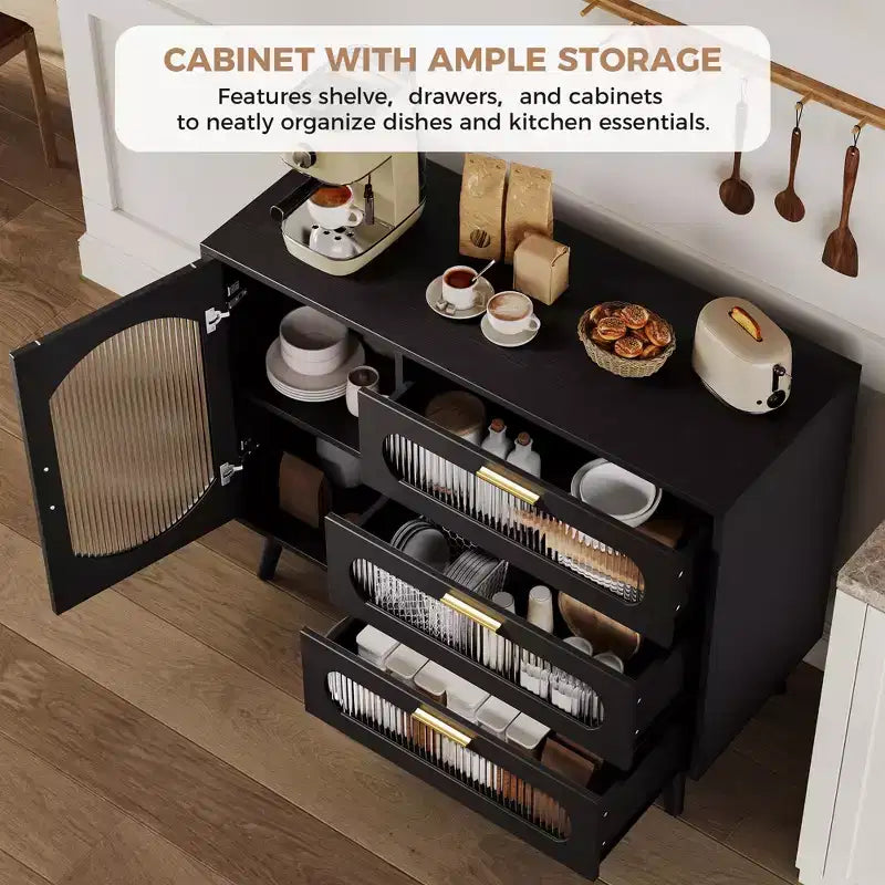 GustoWave Buffet Cabinet with Storage, Sideboard Cabinet with Fluted Glass Door and Drawers, Black Sideboard for Kitchen, Dining Room
