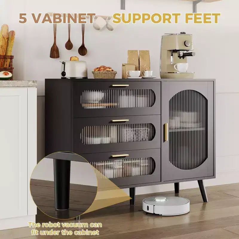 GustoWave Buffet Cabinet with Storage, Sideboard Cabinet with Fluted Glass Door and Drawers, Black Sideboard for Kitchen, Dining Room
