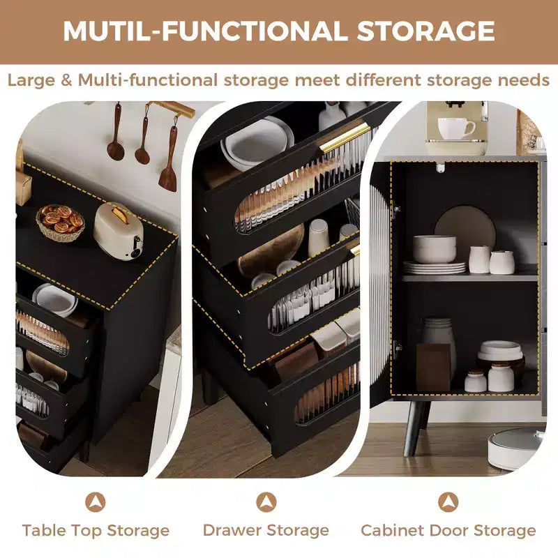 GustoWave Buffet Cabinet with Storage, Sideboard Cabinet with Fluted Glass Door and Drawers, Black Sideboard for Kitchen, Dining Room