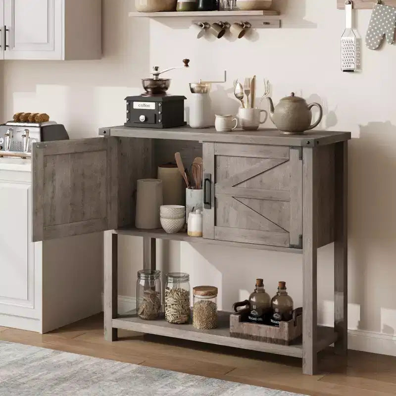 Kitchen Sideboard Buffet, Farmhouse Coffee Bar Cabinet with 2 Doors & Shelf, Wooden Console Table for Entryway, Living Room, Hallway Storage