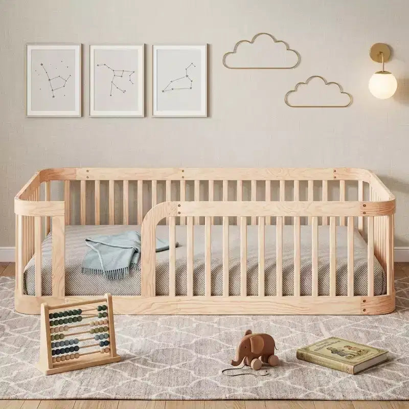 Polibi Wooden Floor Bed Frame with Fence Guardrails & Rounded Corners