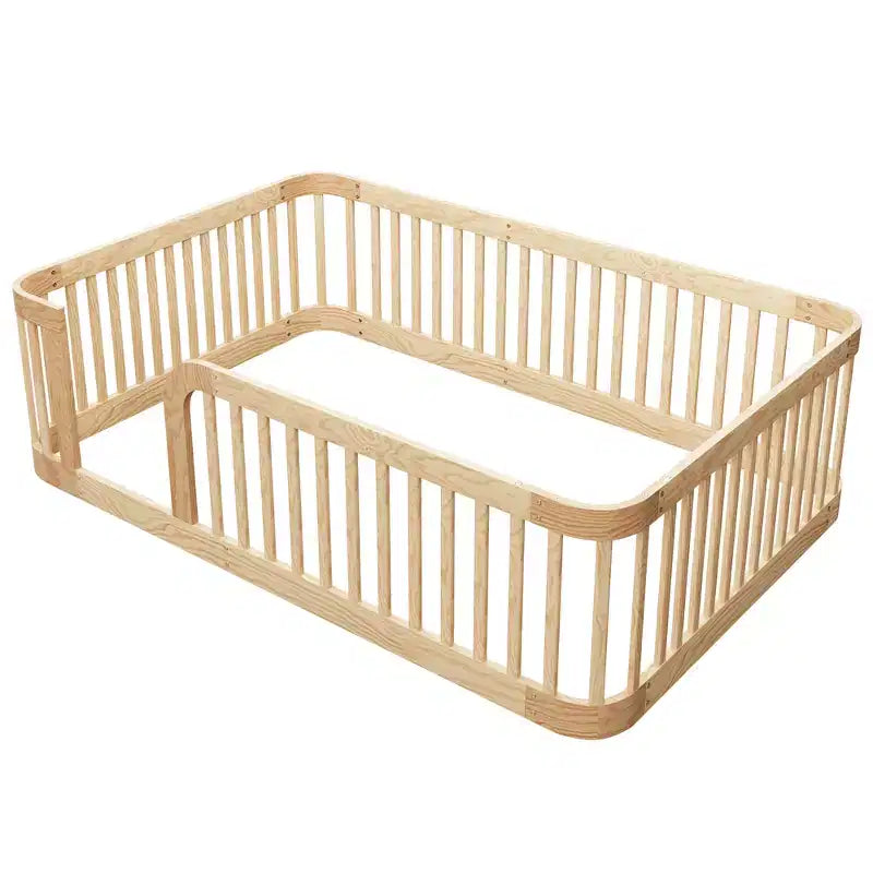 Polibi Wooden Floor Bed Frame with Fence Guardrails & Rounded Corners