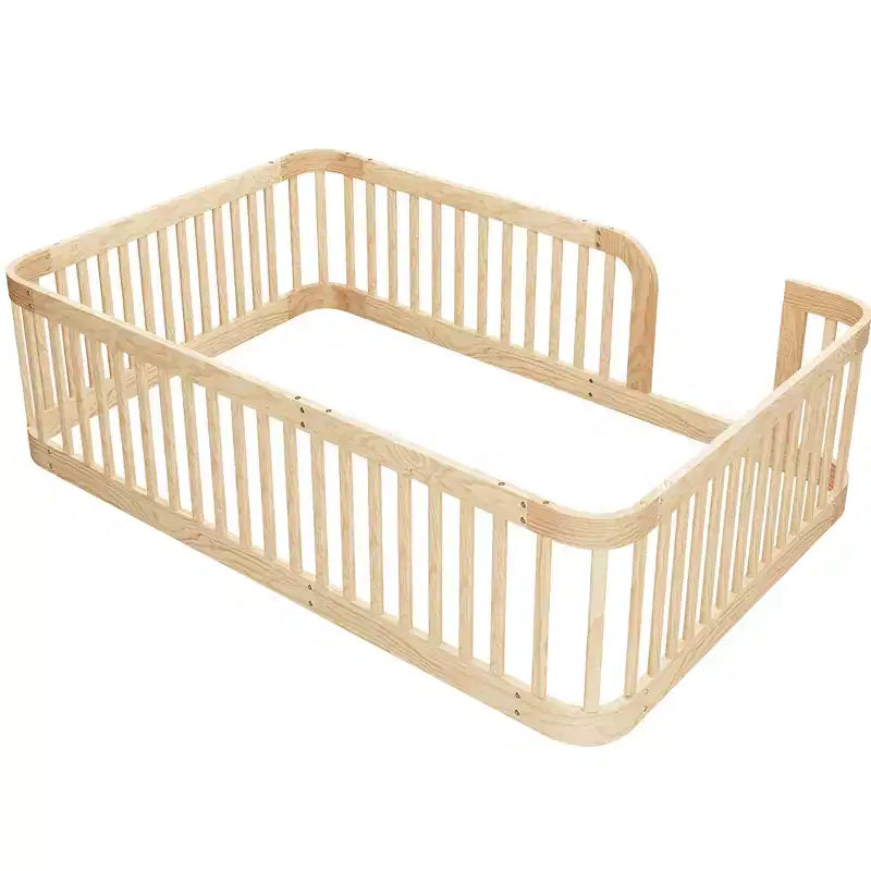 Polibi Wooden Floor Bed Frame with Fence Guardrails & Rounded Corners