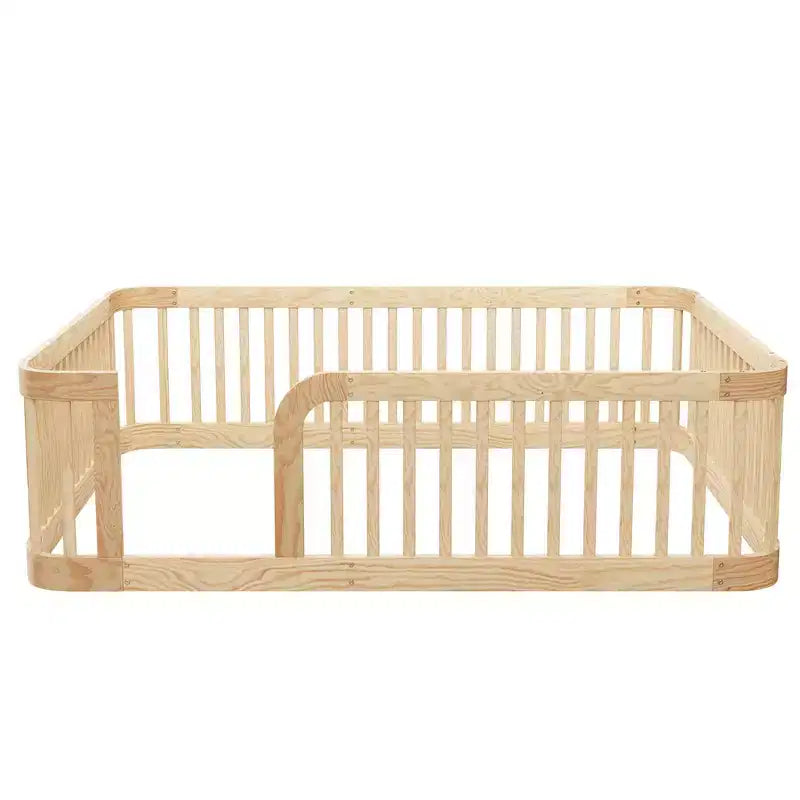 Polibi Wooden Floor Bed Frame with Fence Guardrails & Rounded Corners