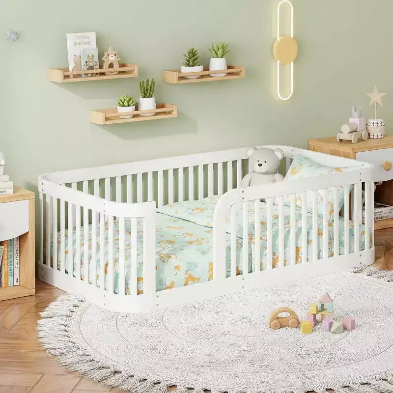 Polibi Wooden Floor Bed Frame with Fence Guardrails & Rounded Corners