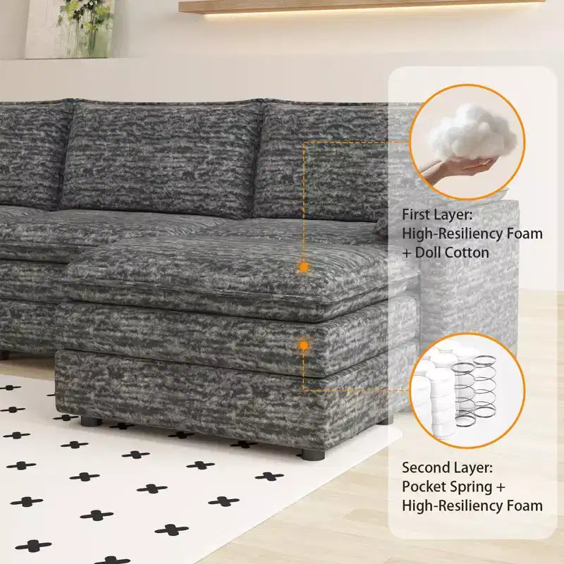 108 XL Modular Sectional Couch  4-Seater L-Shaped Cloud Sofa with Ottoman for Living Room/Apartment