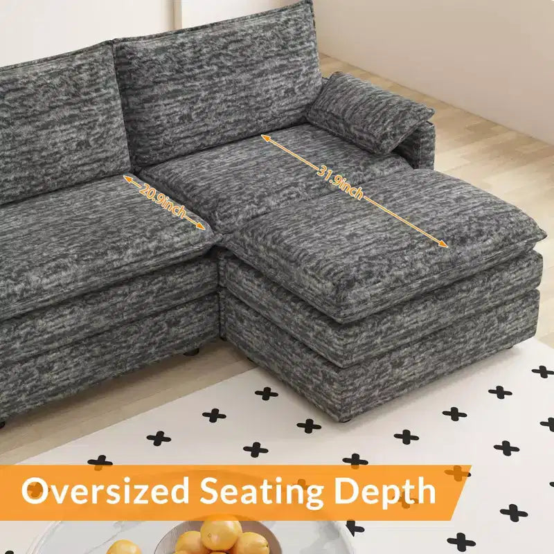 108 XL Modular Sectional Couch  4-Seater L-Shaped Cloud Sofa with Ottoman for Living Room/Apartment
