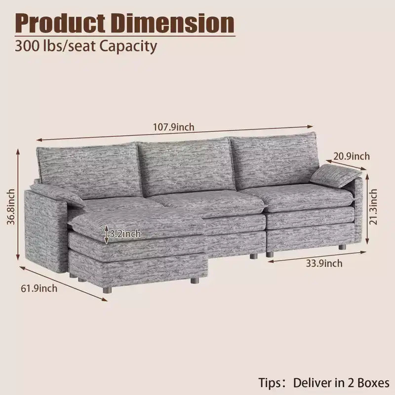 108 XL Modular Sectional Couch  4-Seater L-Shaped Cloud Sofa with Ottoman for Living Room/Apartment