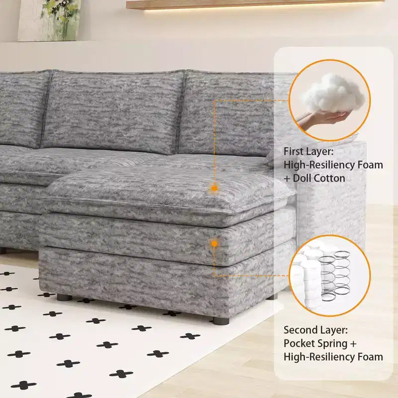108 XL Modular Sectional Couch  4-Seater L-Shaped Cloud Sofa with Ottoman for Living Room/Apartment