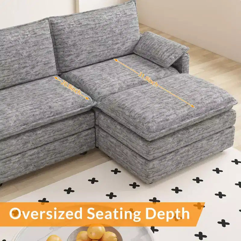 108 XL Modular Sectional Couch  4-Seater L-Shaped Cloud Sofa with Ottoman for Living Room/Apartment