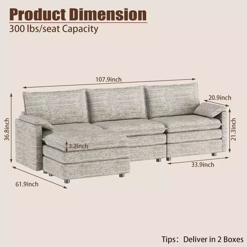 108 XL Modular Sectional Couch  4-Seater L-Shaped Cloud Sofa with Ottoman for Living Room/Apartment