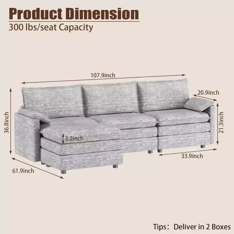 108 XL Modular Sectional Couch  4-Seater L-Shaped Cloud Sofa with Ottoman for Living Room/Apartment