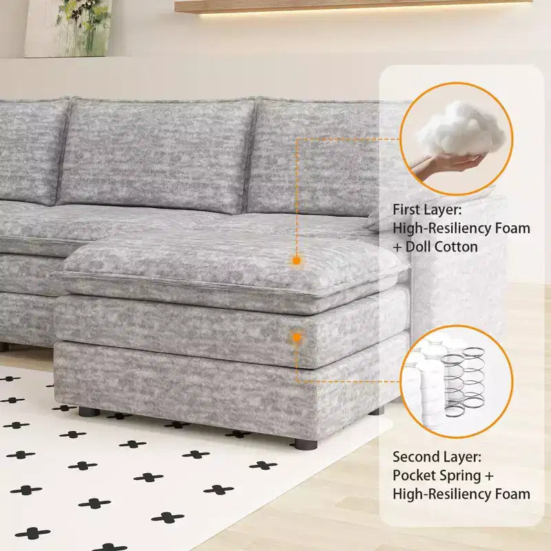 108 XL Modular Sectional Couch  4-Seater L-Shaped Cloud Sofa with Ottoman for Living Room/Apartment